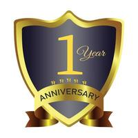 Ten years anniversary badge design with golden gradient color. Anniversary royal badge design with a shield shape and stars. Golden and Black badge design with ribbon vector illustration.