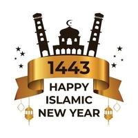 feliz celebración del año nuevo islámico, feliz año nuevo islámico de muharram, gráfico vectorial de la mezquita y la cinta, conmemorando el feliz día de muharram. vector