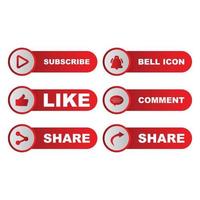 Stylish button collection with multiple shapes. Metallic red and white color button collection with like, comment, and share icon. Metallic red color social media button collection. vector