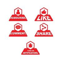 Subscribe button collection with multiple shapes. Red color button collection with like, comment, and share icon. Simple red color social media button collection. vector