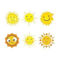 Sun sticker with a round shape and yellow and red color. Cute sun with smiling face and cool sunglasses. Sunray coming out from sun vector design. 6 Sun vector social media sticker collection.