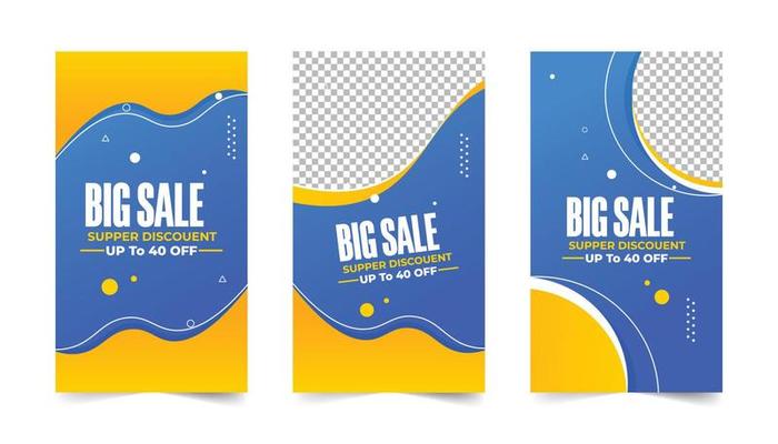 Big sales offer banner designs on a white background. Big sale banner design with blue and yellow color for business purposes. Super Shop offers design collection.