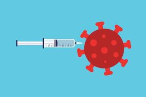 Giving a vaccine to a red virus to prevent infections. Using a syringe to vaccinate covid-19 virus concept vector. Killing coronavirus with a vaccine syringe vector and a red color bacteria icon.