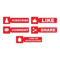 Subscribe button collection with multiple shapes. Red color button collection with like, comment and share icon. Red color technological social media button collection. vector