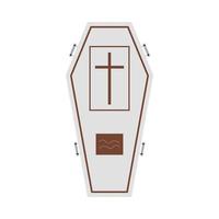 Halloween white burial coffin design on a white background. Coffin with isolated shape design. Halloween white coffin party element vector illustration. Coffin vector with a Christian cross symbol.