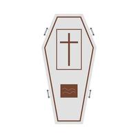 Halloween white burial coffin design on a white background. Coffin with isolated shape design. Halloween white coffin party element vector illustration. Coffin vector with a Christian cross symbol.