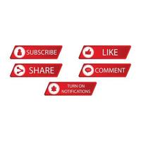 Subscribe button with metallic color design for social media. Button collection for social media with red color. Like, comment, subscribe, share and notification button vector illustration.