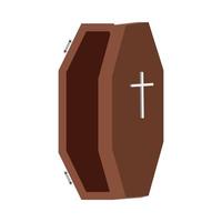 Halloween burial coffin design on a white background. Coffin with isolated shape design. Halloween wood color coffin party element vector illustration. Coffin vector with a Christian cross symbol.