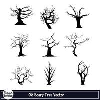 Halloween scary dead tree silhouette design on a white background. Dead tree vector design with dark black color. Halloween tree silhouette collection scary design.