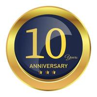 Luxurious 10-year anniversary badge design with golden gradient color. Anniversary royal badge design with a shield shape. Golden and Black badge design with ribbon vector illustration.