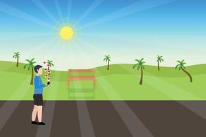 Man walking inside a park and using his smartphone to connect with social media. Male flat character illustration with a greenfield view on a sunny day. Man giving love react on social media. vector