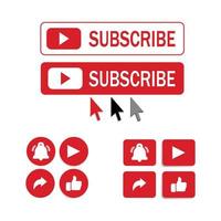 Red and white subscribe button with cursor arrow, share button, bell icon, like button, and text effect. Subscribe pictogram on a white background vector illustration for the business concept.