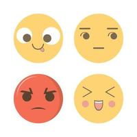 diseño de emoji de medios sociales con cara enojada, sonriente, tonta y molesta. diseño redondo de emoji de redes sociales con diferentes estados de ánimo. colección de emoji con cara de color amarillo y rojo. vector