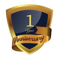 1-year couple anniversary badge design with golden gradient color. Anniversary royal badge design with a shield shape. Golden and Black badge design with ribbon vector illustration.