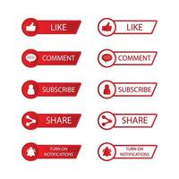 Subscribe button collection vector design. Red and white color subscribe button collection. Social media button elements with like, share, bell icon, and comment sections.