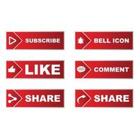 Subscribe button collection with multiple square shapes. Red color button collection with like, comment and share icon. Metallic red color social media button collection. vector