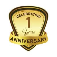 1-year special anniversary badge design with golden gradient color. Anniversary royal badge design with a shield shape. Golden and Black badge design with ribbon vector illustration.