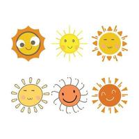 Sun sticker with a round shape and yellow and red color. Cute sun with smiling face and cool eyes. Sunray coming out from sun vector design. 6 Sun vector social media sticker collection.