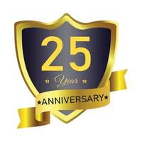 Diseño de placa de aniversario de 25 años con color degradado dorado. diseño de placa real de aniversario con forma de escudo. diseño de placa dorada y negra con ilustración de vector de cinta.