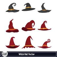 diseño de vector de sombrero de bruja de miedo de halloween sobre un fondo blanco. vector de sombrero de mago con color negro y granate. colección de sombreros de bruja de Halloween con un diseño mágico aterrador.