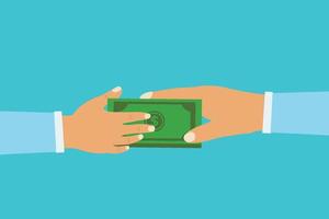 Businessman giving money bundle to another one vector. Money transferring concept with human hands. Hand giving and taking dollar bundles on a light blue background. Business offer and deal concept. vector