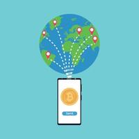 enviar bitcoin a cualquier parte del mundo con un vector de teléfono inteligente. método de transacción de bitcoin y dinero con un mapa mundial y puntos de ubicación. sistema de transacciones de dinero en línea con un teléfono móvil.