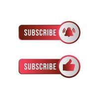 Red and white subscribe button in flat style vector illustration. Stylish metallic subscribe button with red and white colors. White background with like and bell icon inside the round shape vector.