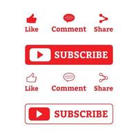 Subscriber red and white button collection vector design. Red and white color subscriber button collection. Social media button elements with like, share, and comment sections.