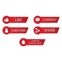 Social media red gradient button collection vector design. Red color subscriber button collection. Social media button elements with like, share, and comment sections.