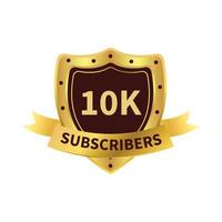 Subscriber royal badge design with a shield shape. Social media subscriber badge design with golden gradient color.  Golden and dark badge design with ribbon vector illustration.