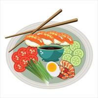 ilustración de vector de comida asiática con ensalada. concepto de comida asiática con salsa de soja y sushi. ensalada verde vegetal. ilustración de vector de comida asiática con ensalada. concepto de comida asiática con salsa de soja y sushi