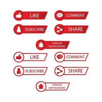 Subscribe button collection vector design. Red and white color subscribe button collection. Social media button elements with like, share, bell icon and comment sections.