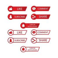 diseño vectorial de la colección de botones de suscripción. colección de botones de suscripción de color rojo y blanco. Elementos de botón de redes sociales con secciones de Me gusta, compartir, ícono de campana y comentarios. vector