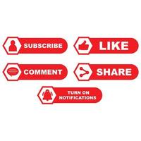 Subscribe button collection with multiple shapes. Simple red color button collection with like, comment, and share icon. Metallic red color social media button collection. vector