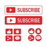 Subscriber all button collection vector design. Red and white color subscriber button collection. Social media subscribe button elements with like, share, and comment sections.