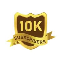 Social media subscriber badge design with golden gradient color. Subscriber royal luxurious badge design with a shield shape. Golden and dark badge design with ribbon vector illustration.
