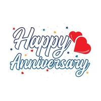 Happy anniversary calligraphy design. Happy anniversary calligraphy with white color shade and blue outline. Happy anniversary vector illustration with red love shape.
