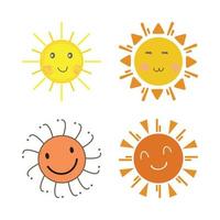 Pegatina de sol con forma redonda y color amarillo y rojo. sol con una cara sonriente y gafas de sol frescas. rayos solares que salen del diseño del vector solar. colección de pegatinas de medios sociales de vector de sol.