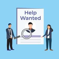 Searching for some wanted person concept with flat character design. Help wanted for business or personal works. Businessman with a big magnifying glass, searching for workers vector concept.