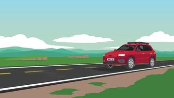 Red electric car for the family travel trip to nature. Driver came alone on the asphalt road. Road cuts across the vast plains with a complex mountainous background. Under blue sky and white clouds. vector