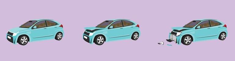 Cartoon vector or illustration. Status of the blue car from normal car To the car was slightly damaged. until the car was severely damaged Damage the entire front. Can see inside with in terior.