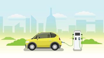 Vector or Illustrator of Yellow electric vehicle with an electric charging cabinet. with nature green grass and shadow of town under blue sky and white clouds.