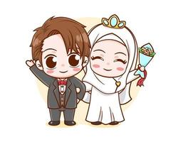 Cute wedding of muslim cartoon character vector