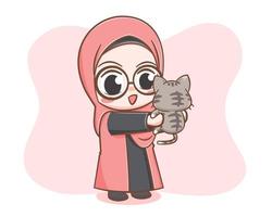 Cute a muslim girl and a cat cartoon illustration vector