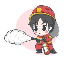 Cute fireman using a fire extinguisher cartoon illustration vector