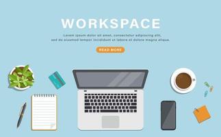 Top view, laptop, smartphone, stationery. Workplace for business, study, online work.