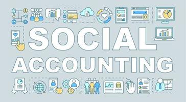 Social accounting word concepts banner. Corporate policy. Business analytics and metrics. Corporate social responsibility. Isolated lettering typography and linear icons. Vector outline illustration