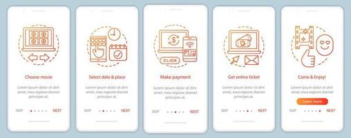 Cinema onboarding mobile app page screen vector template. Film ticket booking payment. Movie premiere event. Walkthrough website steps, linear illustrations. UX, UI, GUI smartphone interface concept