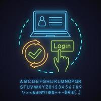 Registration neon light concept icon. Create account idea. New user register. Glowing sign with alphabet, numbers and symbols. Login. Vector isolated illustration