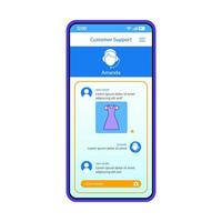 plantilla de vector de interfaz de teléfono inteligente de chat en vivo de soporte al cliente. diseño de diseño azul de la página de la aplicación móvil. pantalla de servicio técnico del cliente del mercado. interfaz de usuario plana aplicación de compras ayuda en línea pantalla del teléfono